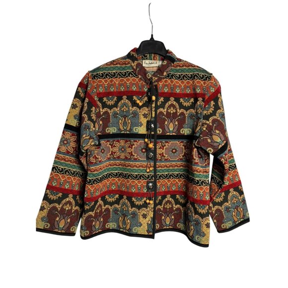 Vintage Flashback Womens Multicolor Tapestry Jacket Button Front Long Sleeve XL